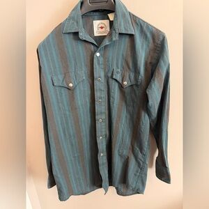 Mid-West Garment Co. Vintage Teal Striped Western Pearl Snap Shirt Size L